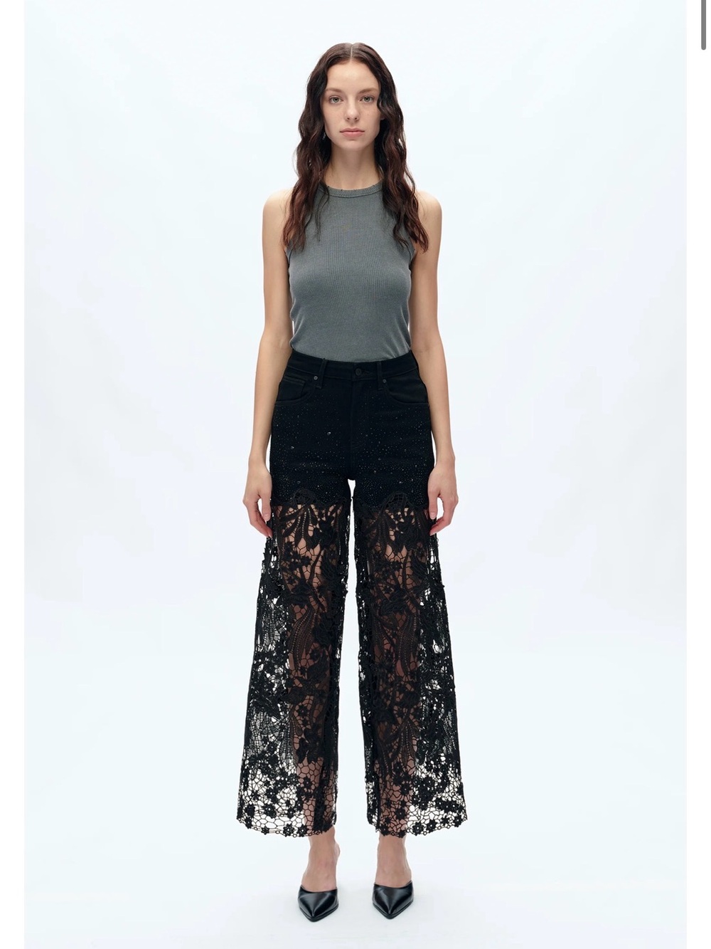 Women's Black Wide-Leg Lace Overlay Pants